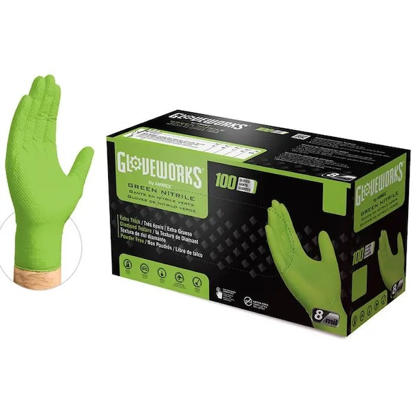 Gloveworks By Ammex GWGN, Disposable Gloves, 8 mil Palm, Nitrile, Powder-Free, XL, 100 PK, Green GWGN48100 - main